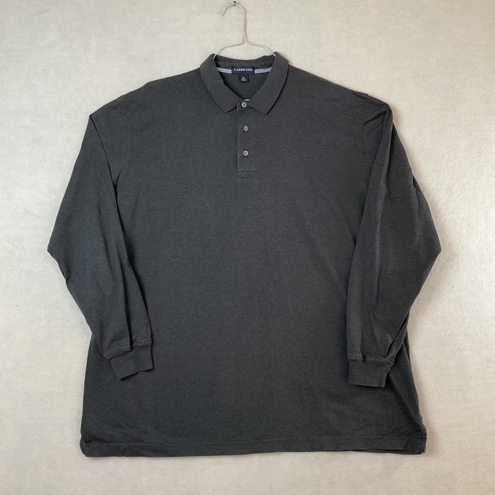 Lands End Mens XXL Charcoal Gray Long Sleeve 100% Cotton Polo Shirt 50-52